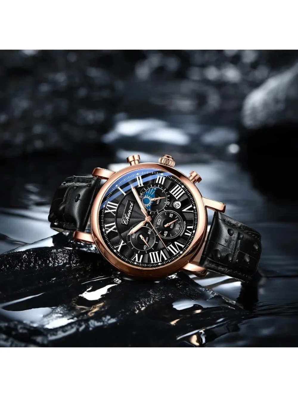 Men's Rose Gold Black Leather Multifunctional Military Analog Chronograph Watch